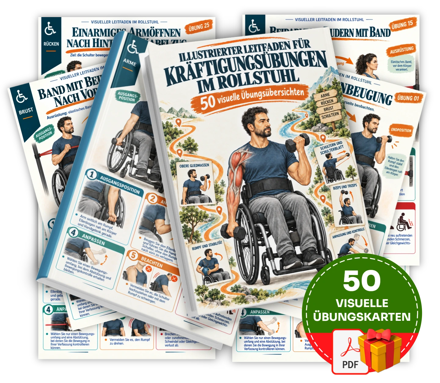 50 visuelle Übungskarten, mit denen Sie Kräftigungsübungen für den Oberkörper im Rollstuhl kennenlernen können.